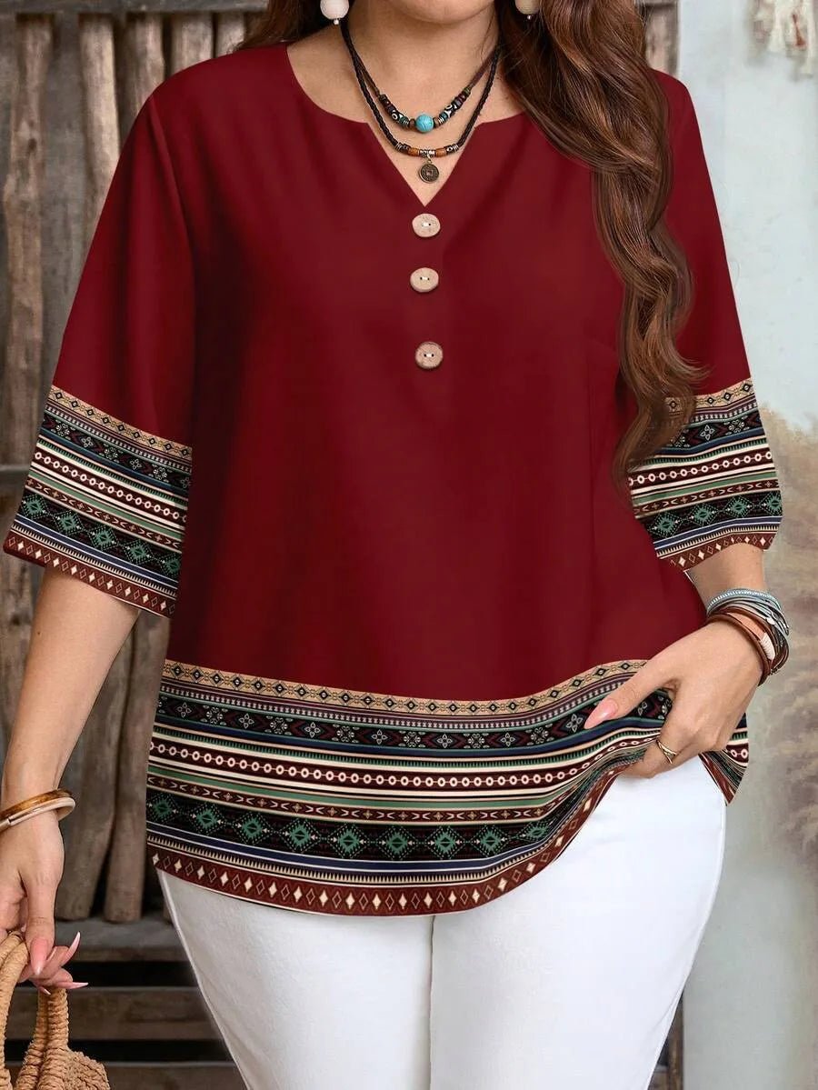 Plus size women's spring/summer/autumn new retro pattern front button leisure short sleeve shirt essential summer outfit - flohmarkt-deutschland.shop