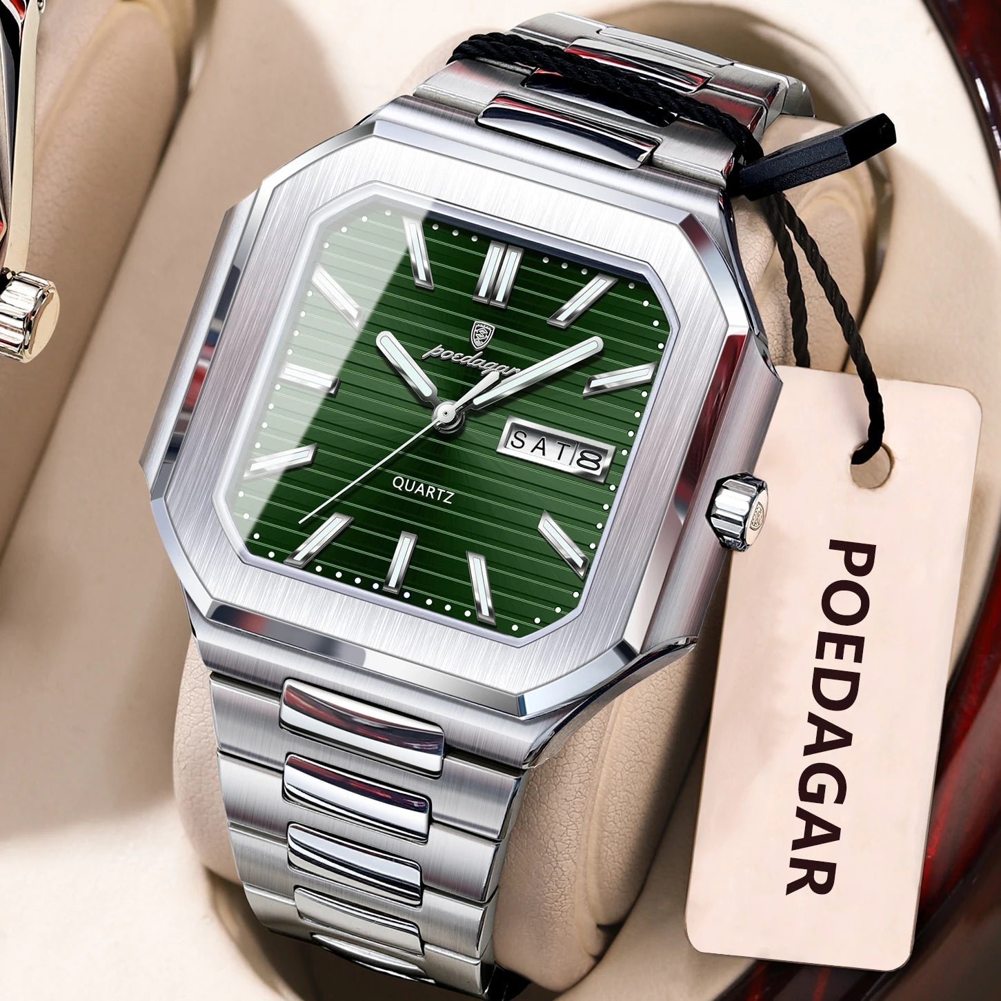POEDAGAR Herrenuhr Quadrat – Edelstahl, Leuchtend, Datum, Woche, Quarz - flohmarkt-deutschland.shop