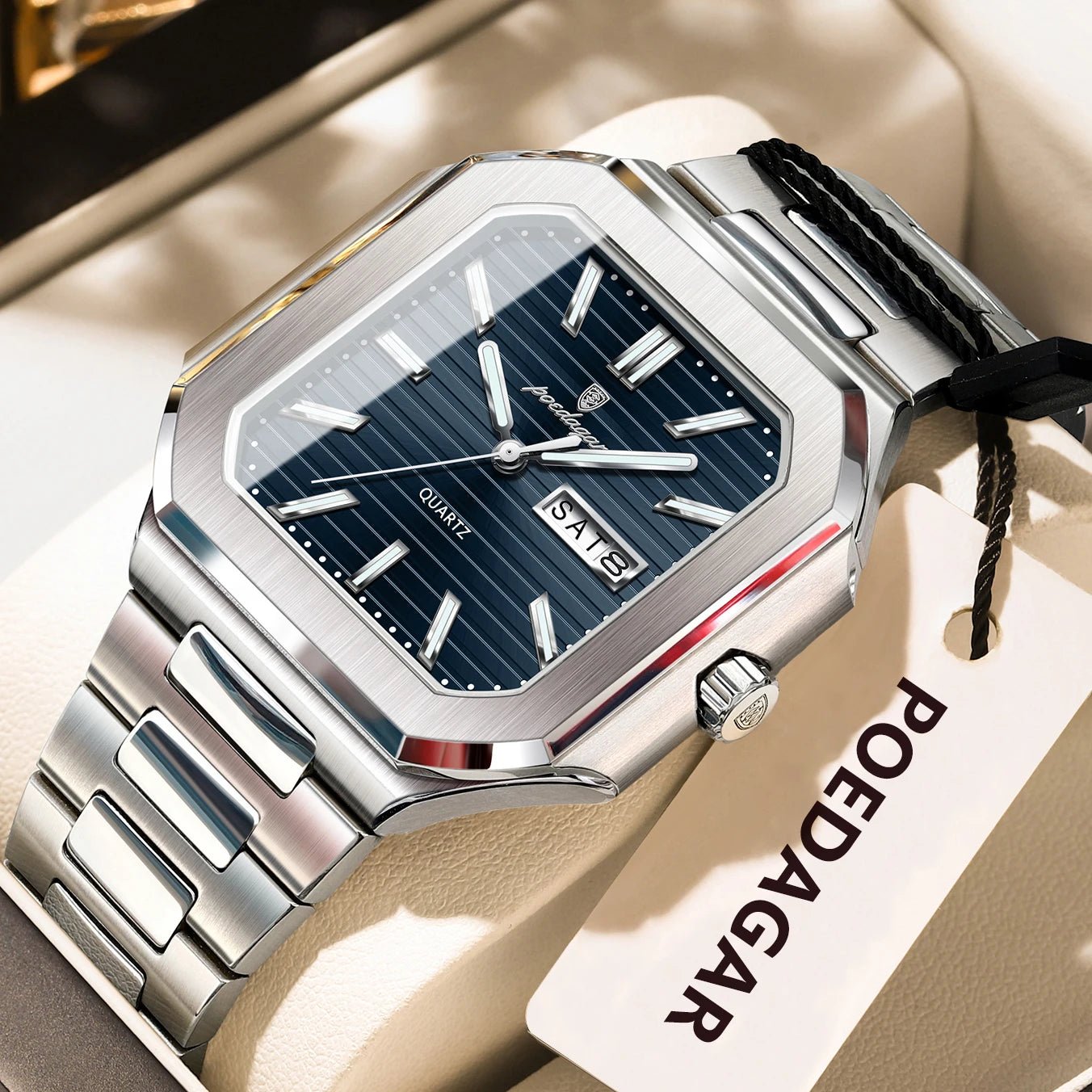POEDAGAR Herrenuhr Quadrat – Edelstahl, Leuchtend, Datum, Woche, Quarz - flohmarkt-deutschland.shop