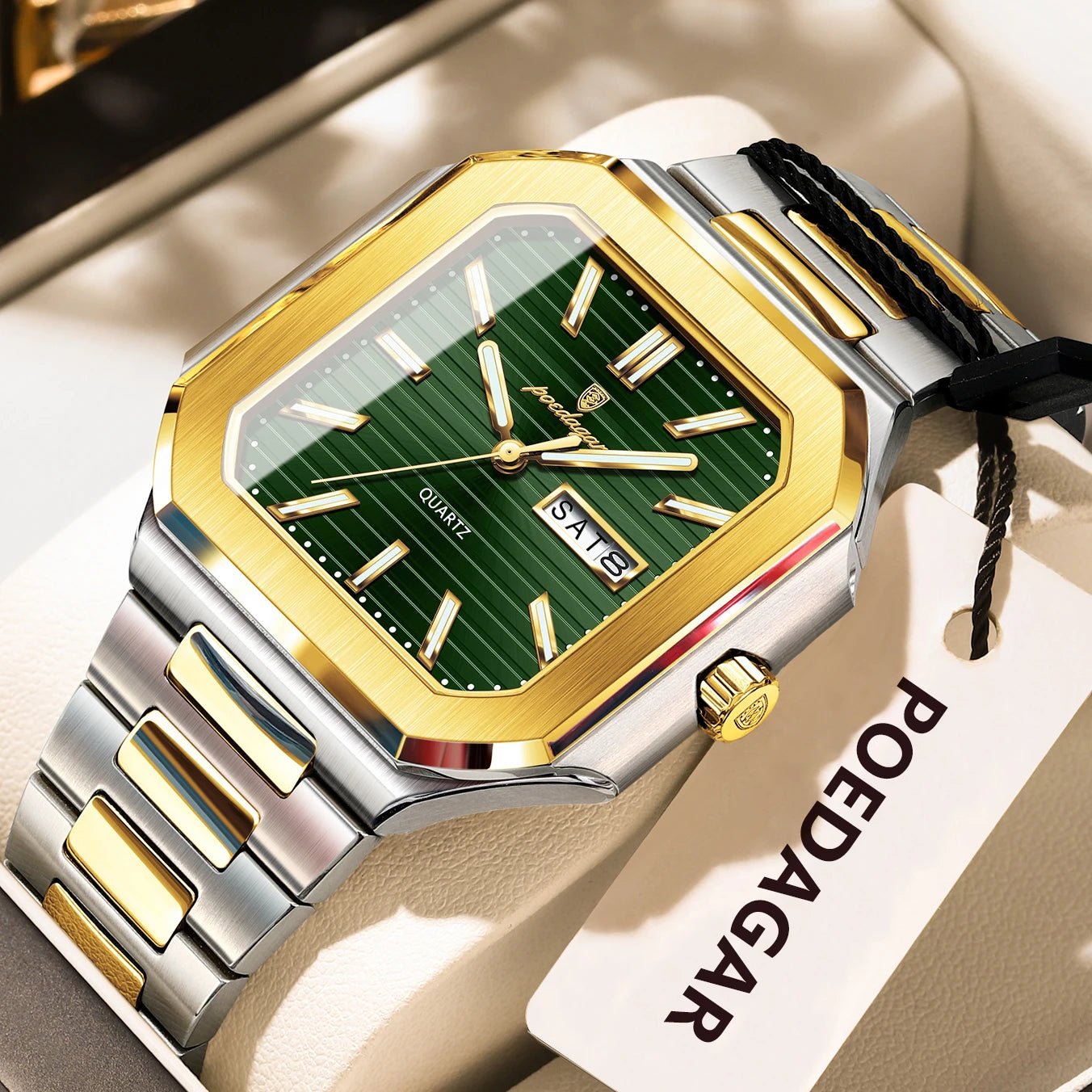 POEDAGAR Herrenuhr Quadrat – Edelstahl, Leuchtend, Datum, Woche, Quarz - flohmarkt-deutschland.shop