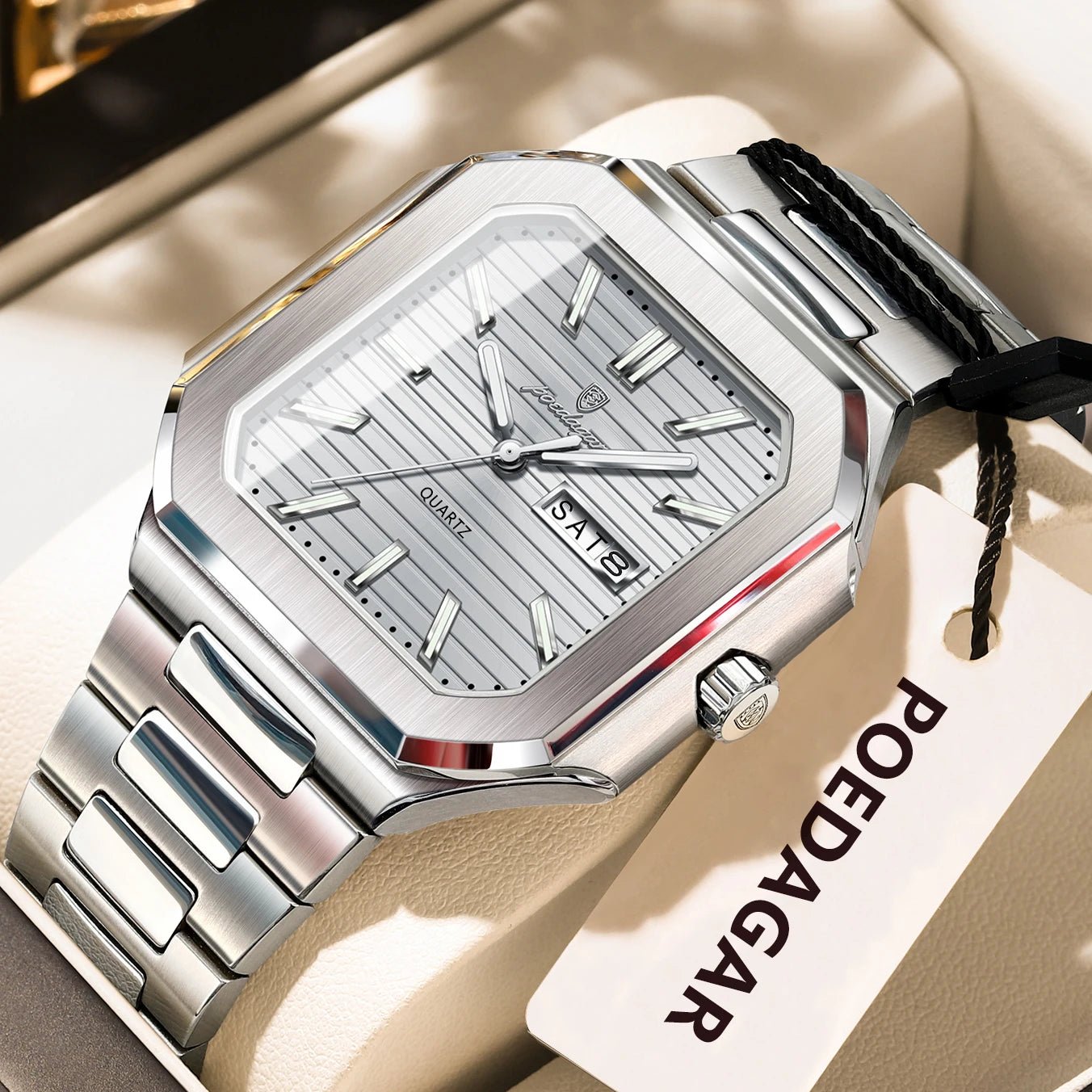 POEDAGAR Herrenuhr Quadrat – Edelstahl, Leuchtend, Datum, Woche, Quarz - flohmarkt-deutschland.shop