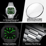 POEDAGAR Herrenuhr Quadrat – Edelstahl, Leuchtend, Datum, Woche, Quarz - flohmarkt-deutschland.shop