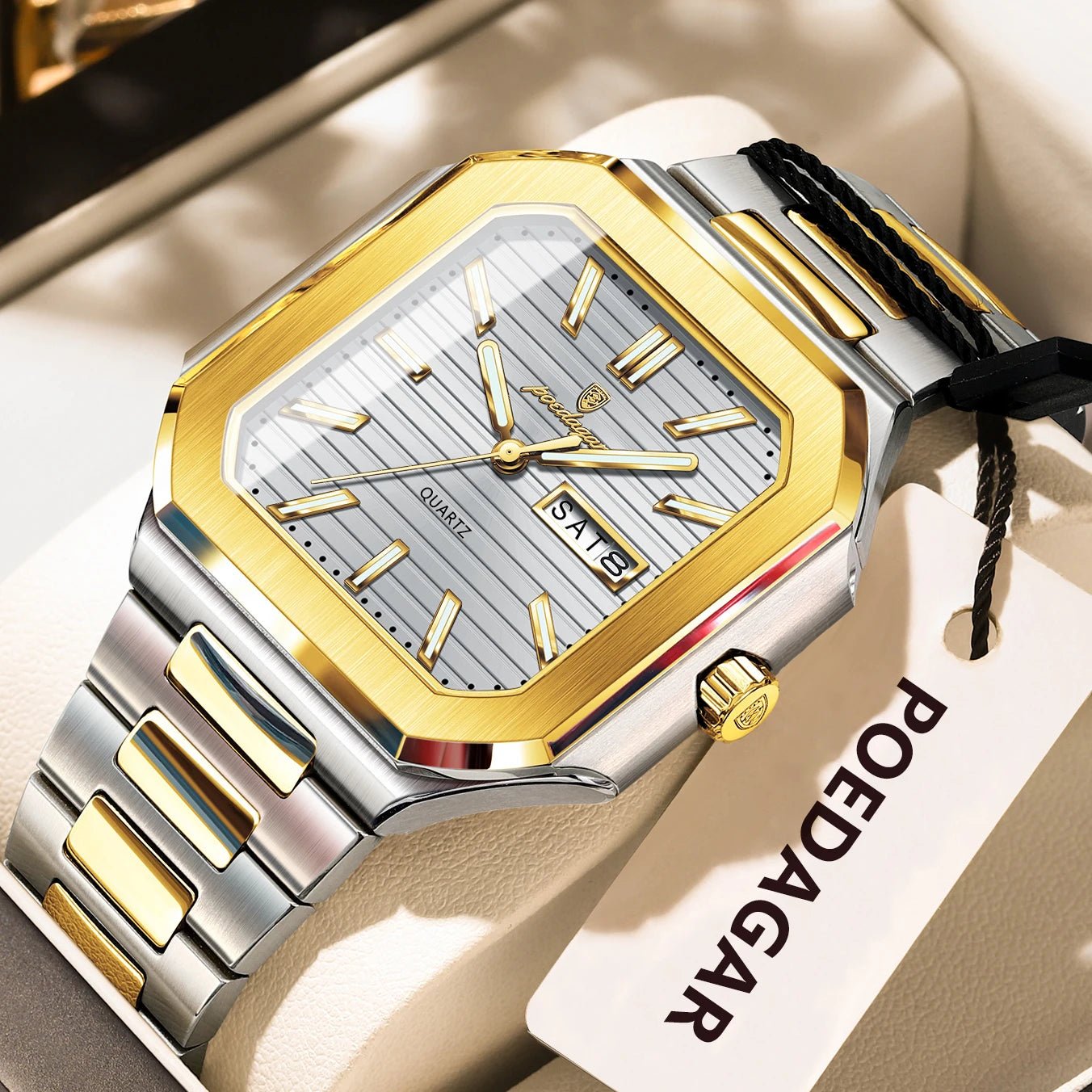 POEDAGAR Herrenuhr Quadrat – Edelstahl, Leuchtend, Datum, Woche, Quarz - flohmarkt-deutschland.shop