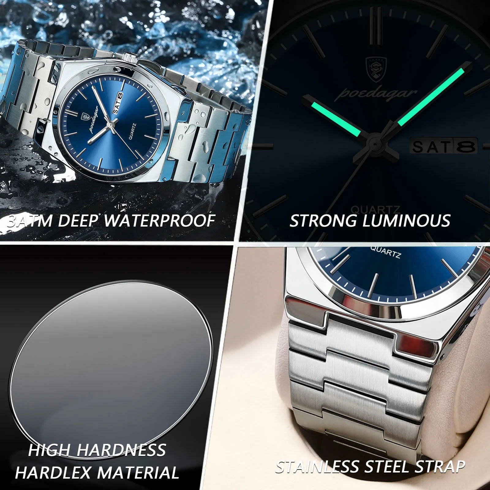 POEDAGAR Luxus Herrenuhr – Edelstahl, Leuchtend, Datum, Woche, Quarz - flohmarkt-deutschland.shop