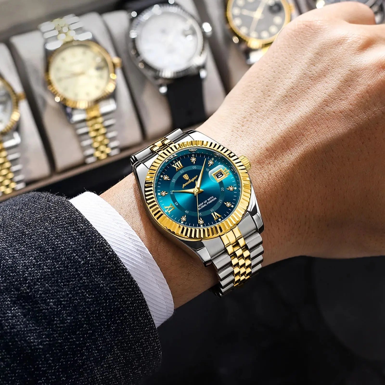 POEDAGAR Luxus Sport Herrenuhr – Edelstahl, Datum, Leuchtend, Wasserdicht, Quarz + Box - flohmarkt-deutschland.shop
