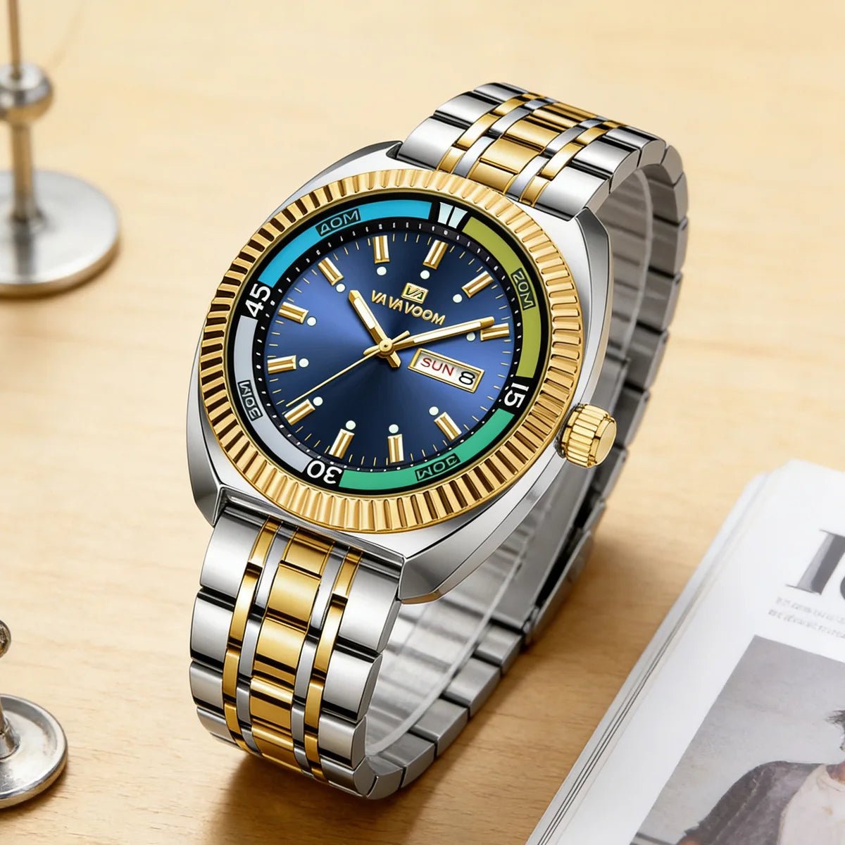 Quarz-Herrenuhr mit Blau-Gold-Silber Zweifarbiger Edelstahl Business-Herrenuhr mit 42mm Luxuriöse Modische Alltagsuhr - flohmarkt-deutschland.shop