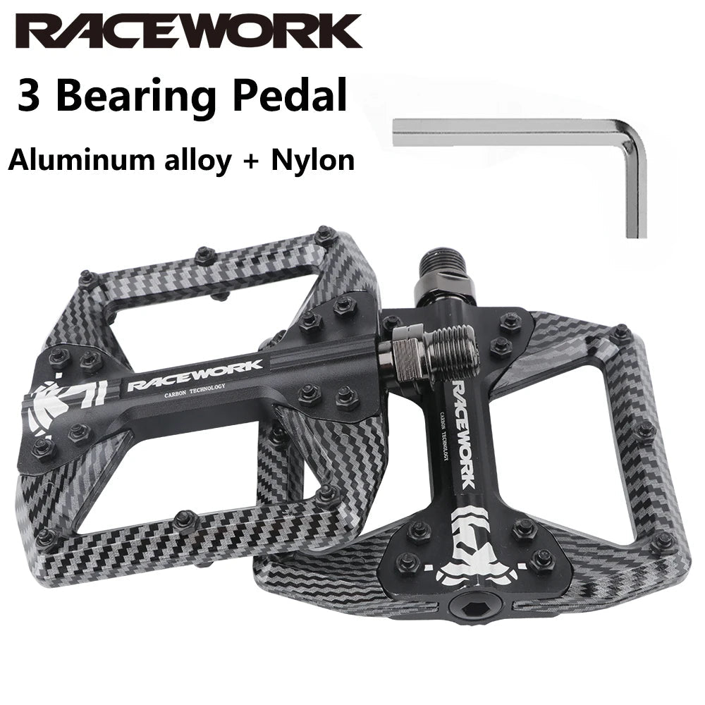 RACEWORK Fahrradpedale, 3 Lager, Mountainbike, Rennrad, Kohlefaserbeschichtung, ultraleichtes Flachpedal, MTB-Pedal aus Aluminiumlegierung, Nylon - flohmarkt-deutschland.shop