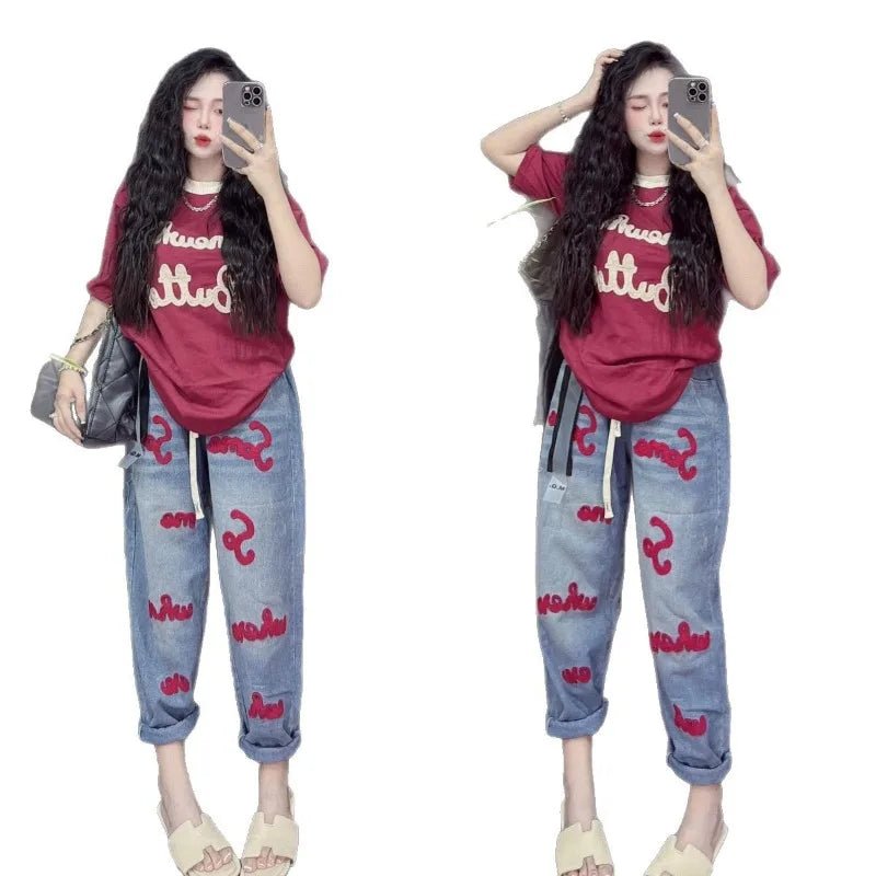 Retro Fashion Suit Women's Summer New Letter Printing Short-sleeved Milk Silk Wide-leg Pants Two-piece Set - flohmarkt-deutschland.shop