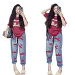 Retro Fashion Suit Women's Summer New Letter Printing Short-sleeved Milk Silk Wide-leg Pants Two-piece Set - flohmarkt-deutschland.shop