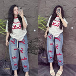Retro Fashion Suit Women's Summer New Letter Printing Short-sleeved Milk Silk Wide-leg Pants Two-piece Set - flohmarkt-deutschland.shop