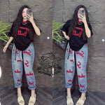 Retro Fashion Suit Women's Summer New Letter Printing Short-sleeved Milk Silk Wide-leg Pants Two-piece Set - flohmarkt-deutschland.shop