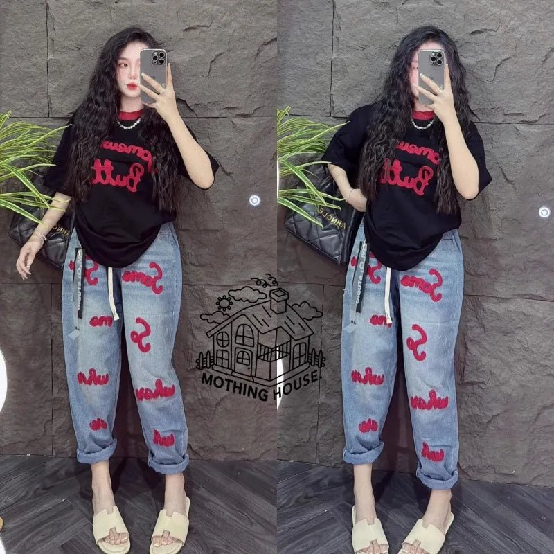 Retro Fashion Suit Women's Summer New Letter Printing Short-sleeved Milk Silk Wide-leg Pants Two-piece Set - flohmarkt-deutschland.shop