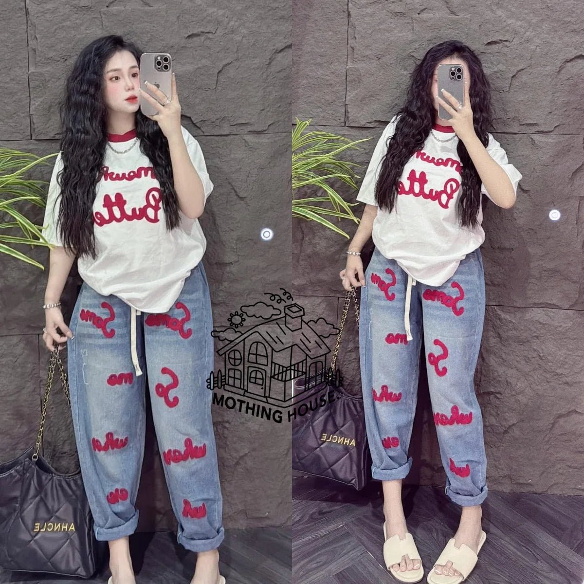 Retro Fashion Suit Women's Summer New Letter Printing Short-sleeved Milk Silk Wide-leg Pants Two-piece Set - flohmarkt-deutschland.shop
