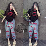 Retro Fashion Suit Women's Summer New Letter Printing Short-sleeved Milk Silk Wide-leg Pants Two-piece Set - flohmarkt-deutschland.shop