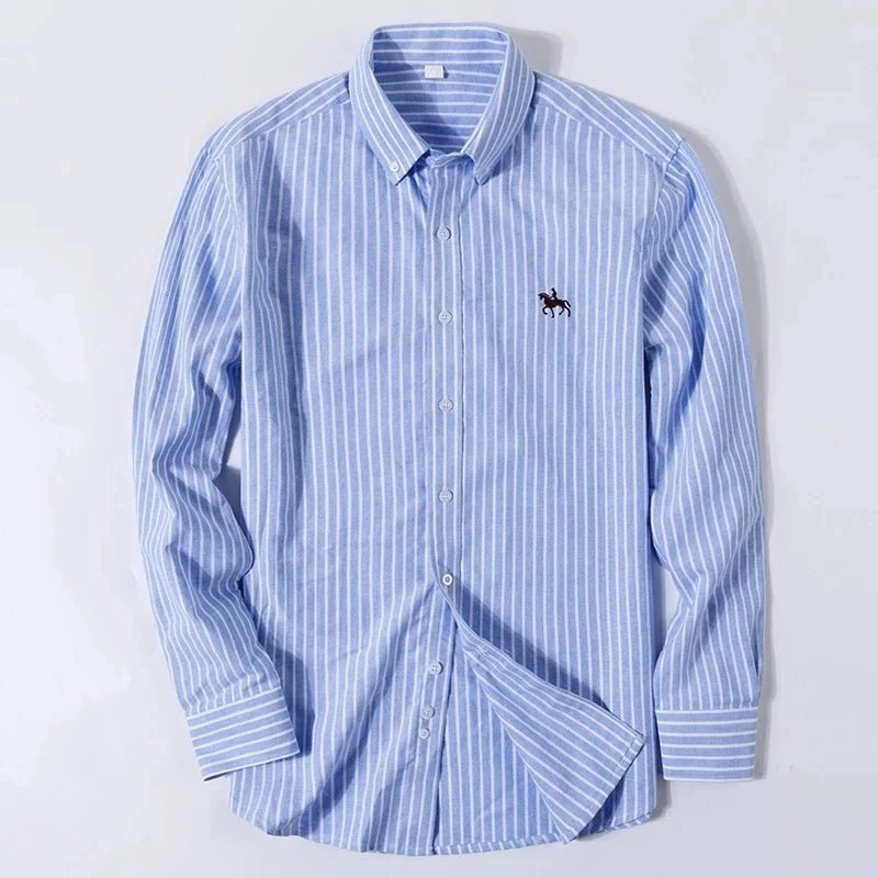 S-6XL Oxford-Hemden für Herren, langärmelig, reine Baumwolle, einfarbig, gestreift, Freizeit, bestickt, Pferd, Streetwear, Business, einfarbig, Büro, 6XL - flohmarkt-deutschland.shop