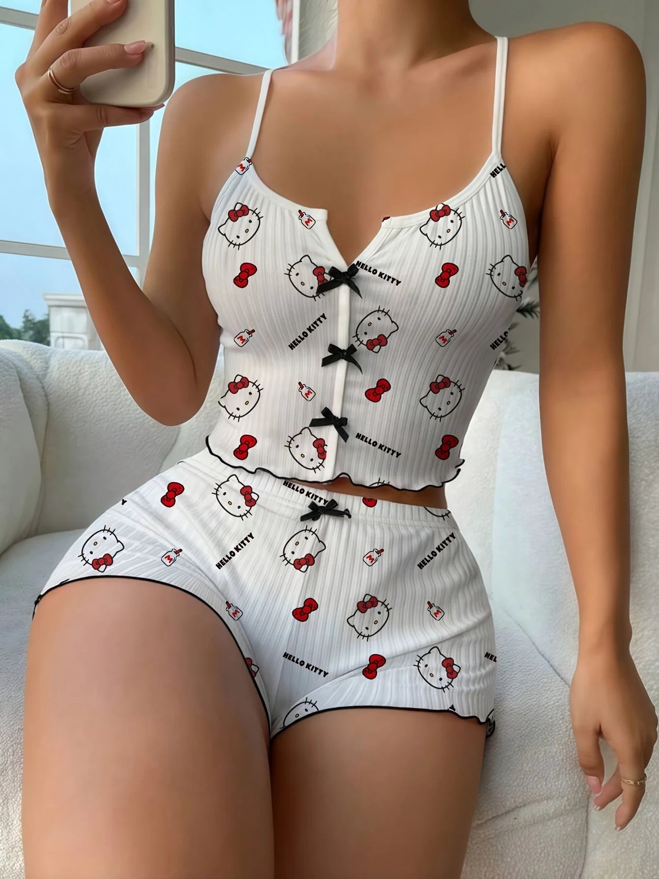 Sanrio Hello Kitty Bowknot Suspender Top Shorts Casual 2pcs Pajama Set Fashionable Thin Shoulder Strap Sexy Sleepwear Soft Pj - flohmarkt-deutschland.shop