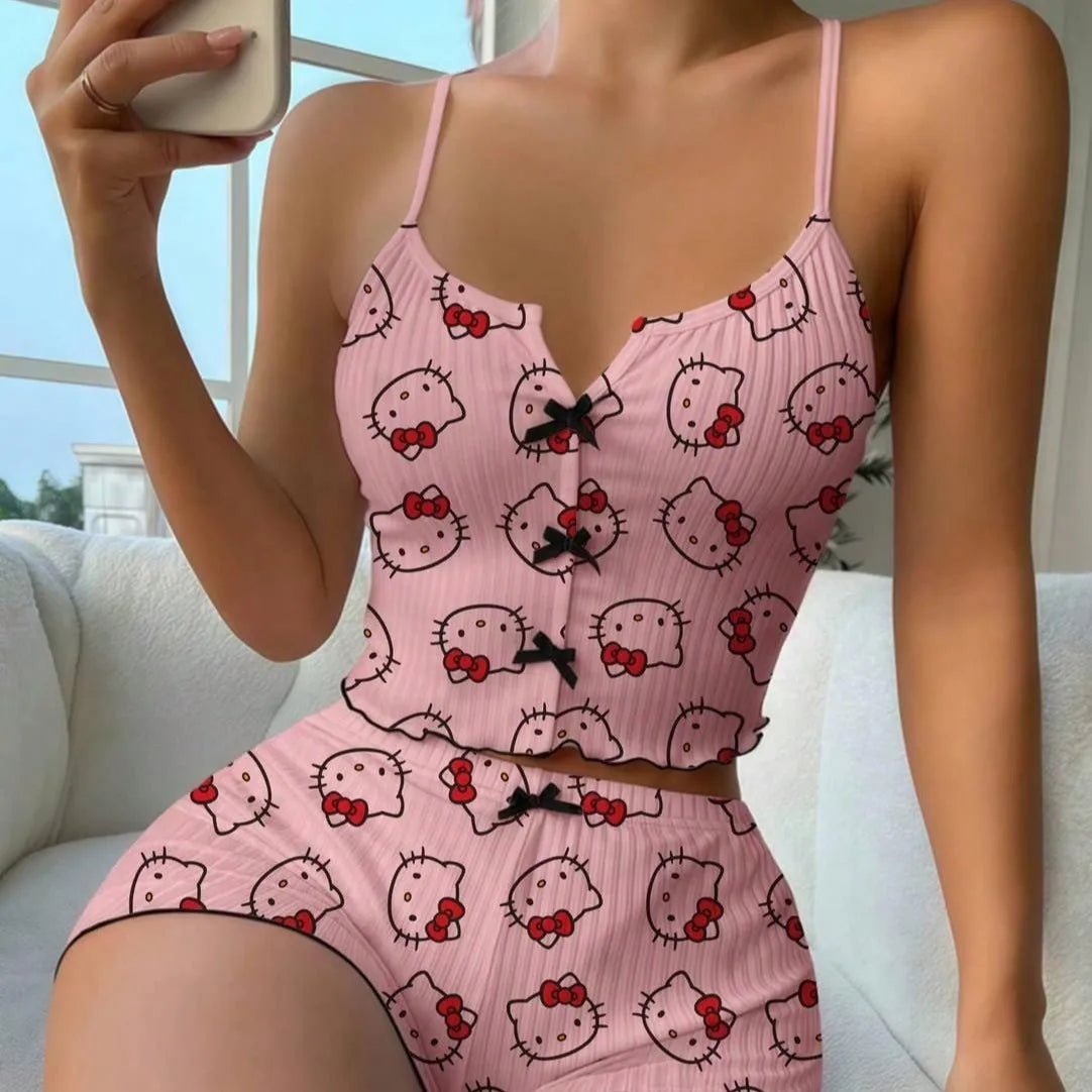 Sanrio Hello Kitty Bowknot Suspender Top Shorts Casual 2pcs Pajama Set Fashionable Thin Shoulder Strap Sexy Sleepwear Soft Pj - flohmarkt-deutschland.shop