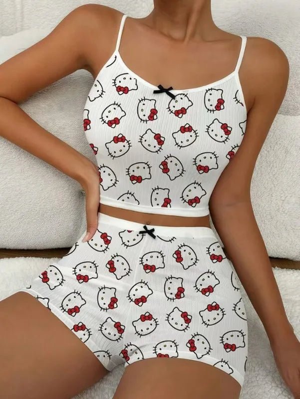 Sanrio Hello Kitty Bowknot Suspender Top Shorts Casual 2pcs Pajama Set Fashionable Thin Shoulder Strap Sexy Sleepwear Soft Pj - flohmarkt-deutschland.shop