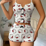 Sanrio Hello Kitty Bowknot Suspender Top Shorts Casual 2pcs Pajama Set Fashionable Thin Shoulder Strap Sexy Sleepwear Soft Pj - flohmarkt-deutschland.shop