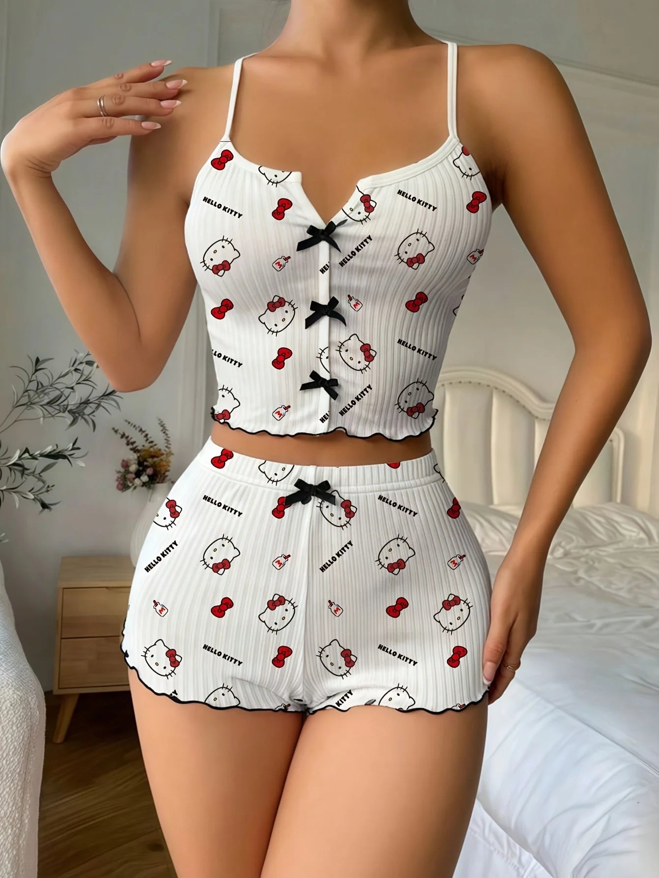 Sanrio Hello Kitty Bowknot Suspender Top Shorts Casual 2pcs Pajama Set Fashionable Thin Shoulder Strap Sexy Sleepwear Soft Pj - flohmarkt-deutschland.shop