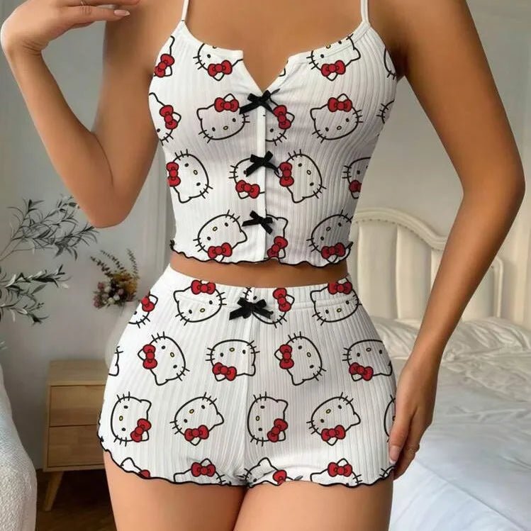 Sanrio Hello Kitty Bowknot Suspender Top Shorts Casual 2pcs Pajama Set Fashionable Thin Shoulder Strap Sexy Sleepwear Soft Pj - flohmarkt-deutschland.shop