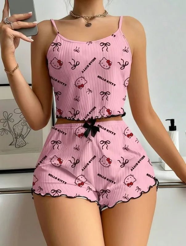 Sanrio Hello Kitty Bowknot Suspender Top Shorts Casual 2pcs Pajama Set Fashionable Thin Shoulder Strap Sexy Sleepwear Soft Pj - flohmarkt-deutschland.shop