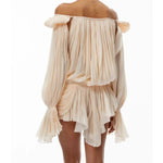Satin Off Shoulder Pleated Mini Dress for Women Fashion Puff Sleeve Cinched Waist Prom Party Skirt 2026 NEW Summer Lady Dresses - flohmarkt-deutschland.shop