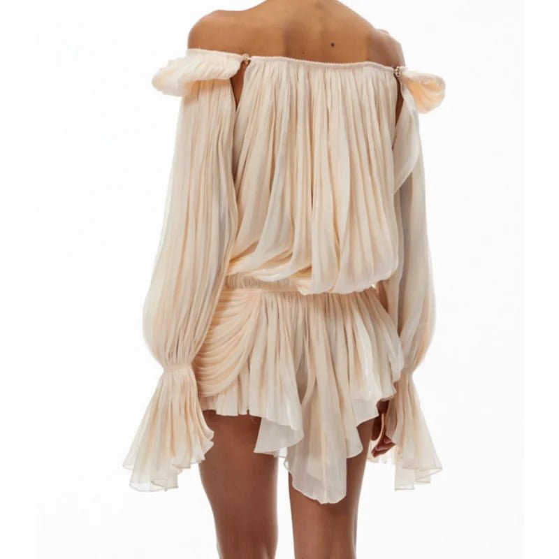 Satin Off Shoulder Pleated Mini Dress for Women Fashion Puff Sleeve Cinched Waist Prom Party Skirt 2026 NEW Summer Lady Dresses - flohmarkt-deutschland.shop