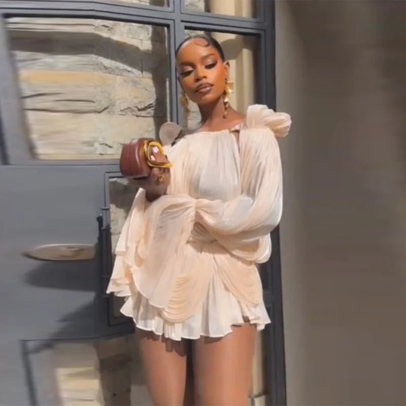 Satin Off Shoulder Pleated Mini Dress for Women Fashion Puff Sleeve Cinched Waist Prom Party Skirt 2026 NEW Summer Lady Dresses - flohmarkt-deutschland.shop