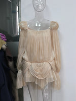 Satin Off Shoulder Pleated Mini Dress for Women Fashion Puff Sleeve Cinched Waist Prom Party Skirt 2026 NEW Summer Lady Dresses - flohmarkt-deutschland.shop