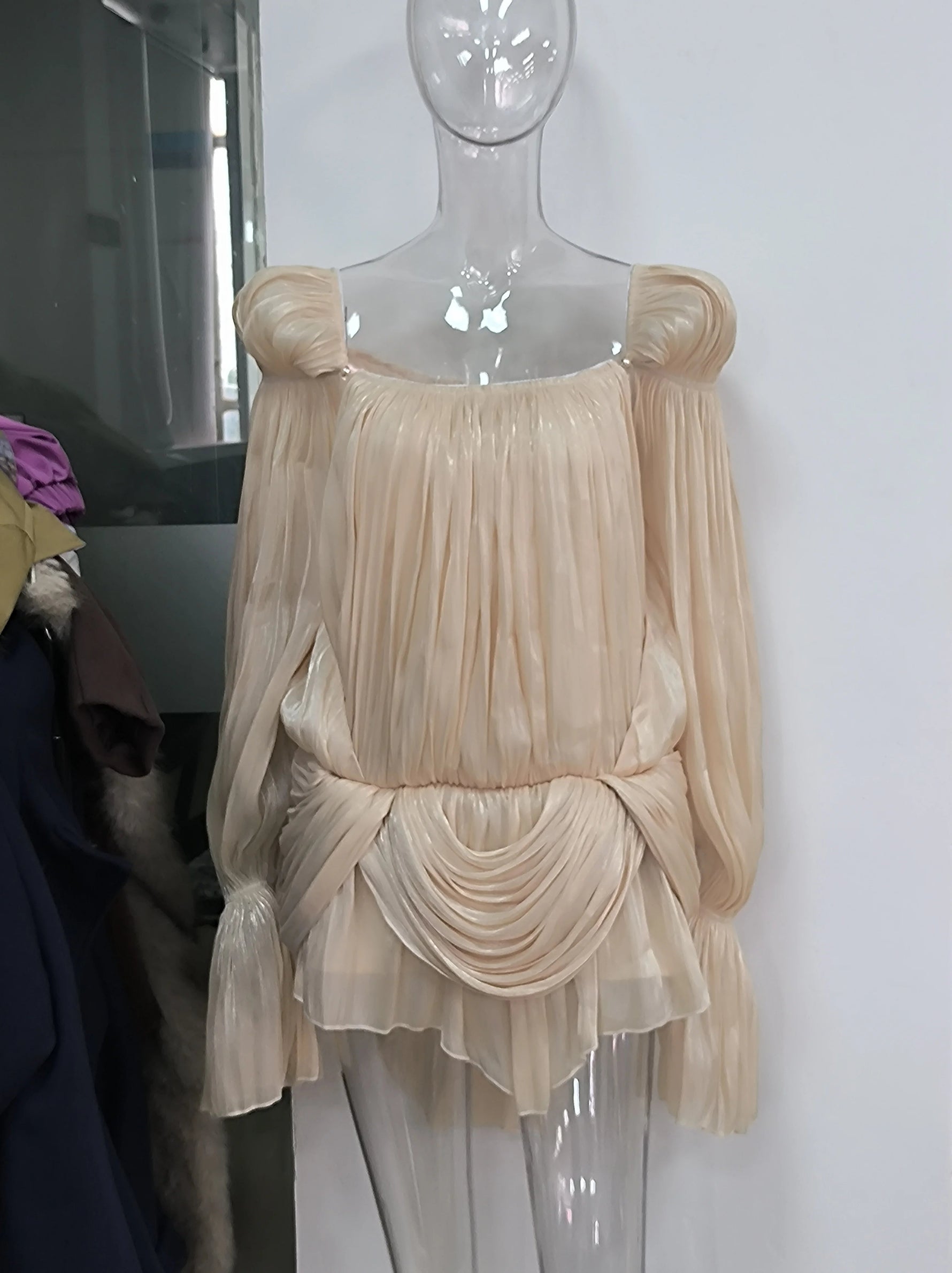 Satin Off Shoulder Pleated Mini Dress for Women Fashion Puff Sleeve Cinched Waist Prom Party Skirt 2026 NEW Summer Lady Dresses - flohmarkt-deutschland.shop