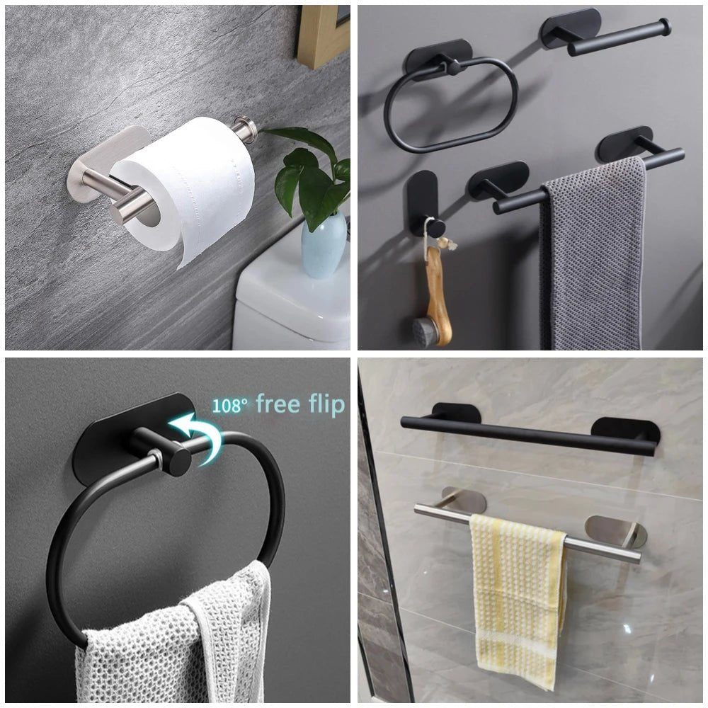 Selbstklebendes Badezimmerzubehör, Handtuchhalter, Toilettenpapierspender, Halter, Wandgarderobenhaken, Handtuchhalter, Ringrollenaufhänger-Set, Küchenserviettenhalter aus Edelstahl - flohmarkt-deutschland.shop