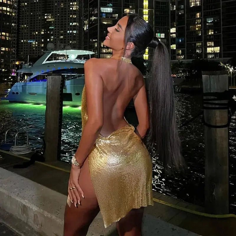 Sexy and Fashionable Women's Elegant Short Dress with Hanging Neck Backless Bottom Chest Sequin Party Girl Dance Dress - flohmarkt-deutschland.shop