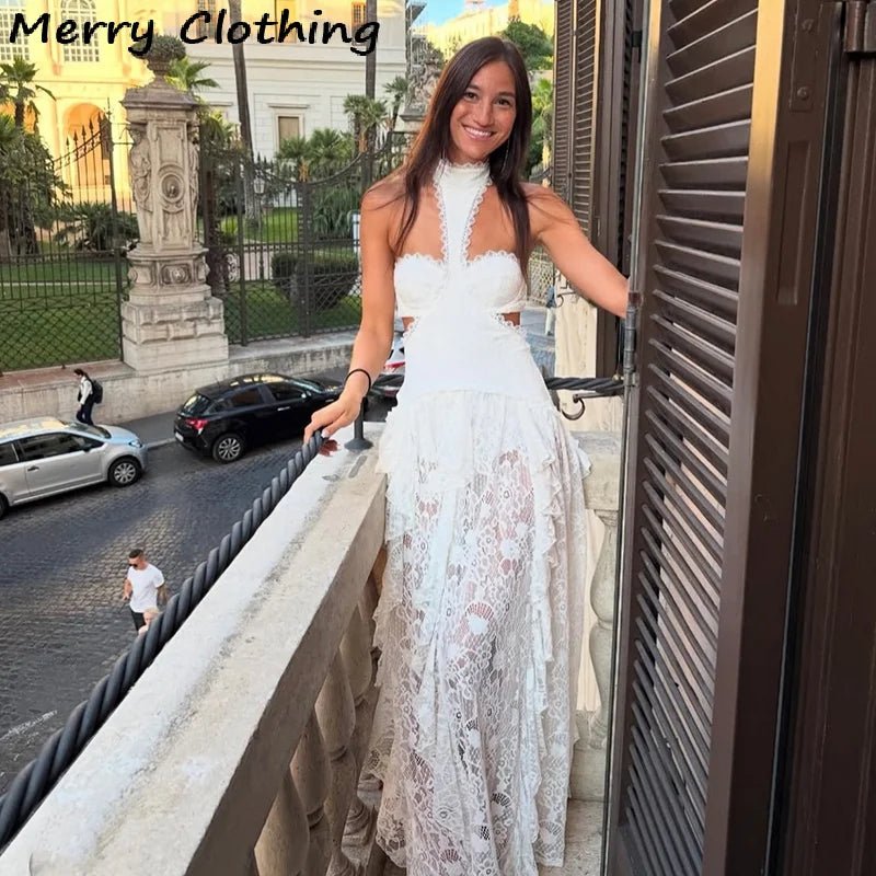 Sexy Lace Patchwork Dress Women Hollow Out Sleeveless Party Club Long Skirt See Through Halter Evening Gown Vacation Lady Robes - flohmarkt-deutschland.shop