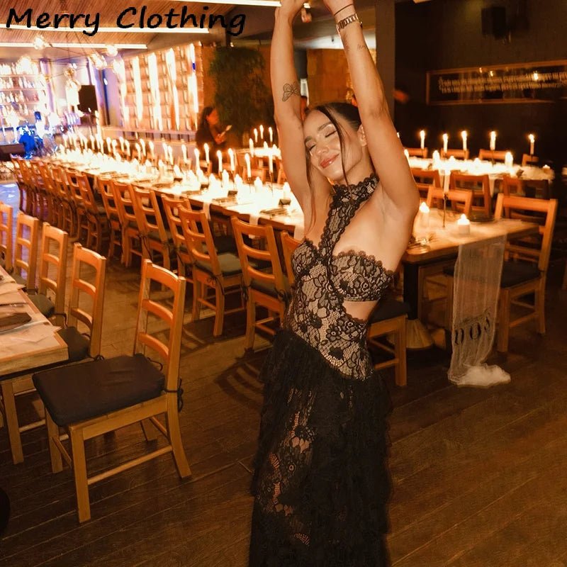 Sexy Lace Patchwork Dress Women Hollow Out Sleeveless Party Club Long Skirt See Through Halter Evening Gown Vacation Lady Robes - flohmarkt-deutschland.shop