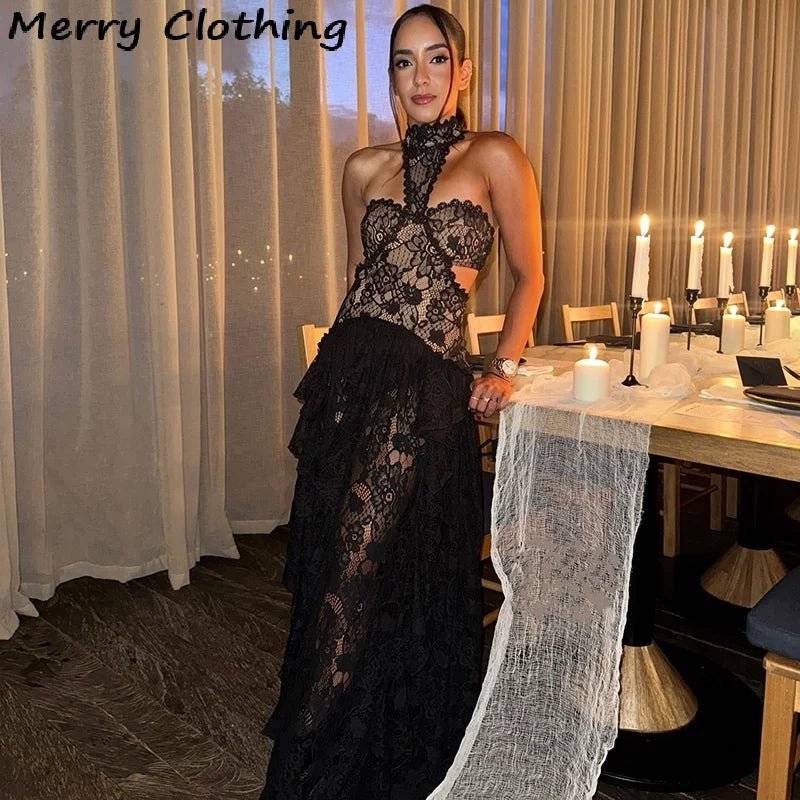 Sexy Lace Patchwork Dress Women Hollow Out Sleeveless Party Club Long Skirt See Through Halter Evening Gown Vacation Lady Robes - flohmarkt-deutschland.shop