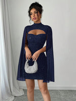 Sexy Women's Stand Collar Cape Mini Dress Sequins Sparkling Club Party Night Out Fitted Bodycon Elegant Autumn Winter - flohmarkt-deutschland.shop