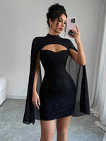 Sexy Women's Stand Collar Cape Mini Dress Sequins Sparkling Club Party Night Out Fitted Bodycon Elegant Autumn Winter - flohmarkt-deutschland.shop
