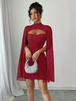 Sexy Women's Stand Collar Cape Mini Dress Sequins Sparkling Club Party Night Out Fitted Bodycon Elegant Autumn Winter - flohmarkt-deutschland.shop
