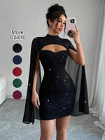 Sexy Women's Stand Collar Cape Mini Dress Sequins Sparkling Club Party Night Out Fitted Bodycon Elegant Autumn Winter - flohmarkt-deutschland.shop