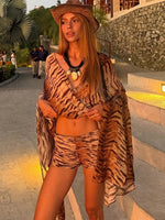 Sisterlinda Deep V-Neck 2 Piece Set Woman Tiger Stripes Mesh Batwing Sleeve Oversize Style Tops+Skinny Shorts Sexy Fashion Suits - flohmarkt-deutschland.shop