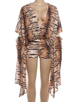 Sisterlinda Deep V-Neck 2 Piece Set Woman Tiger Stripes Mesh Batwing Sleeve Oversize Style Tops+Skinny Shorts Sexy Fashion Suits - flohmarkt-deutschland.shop