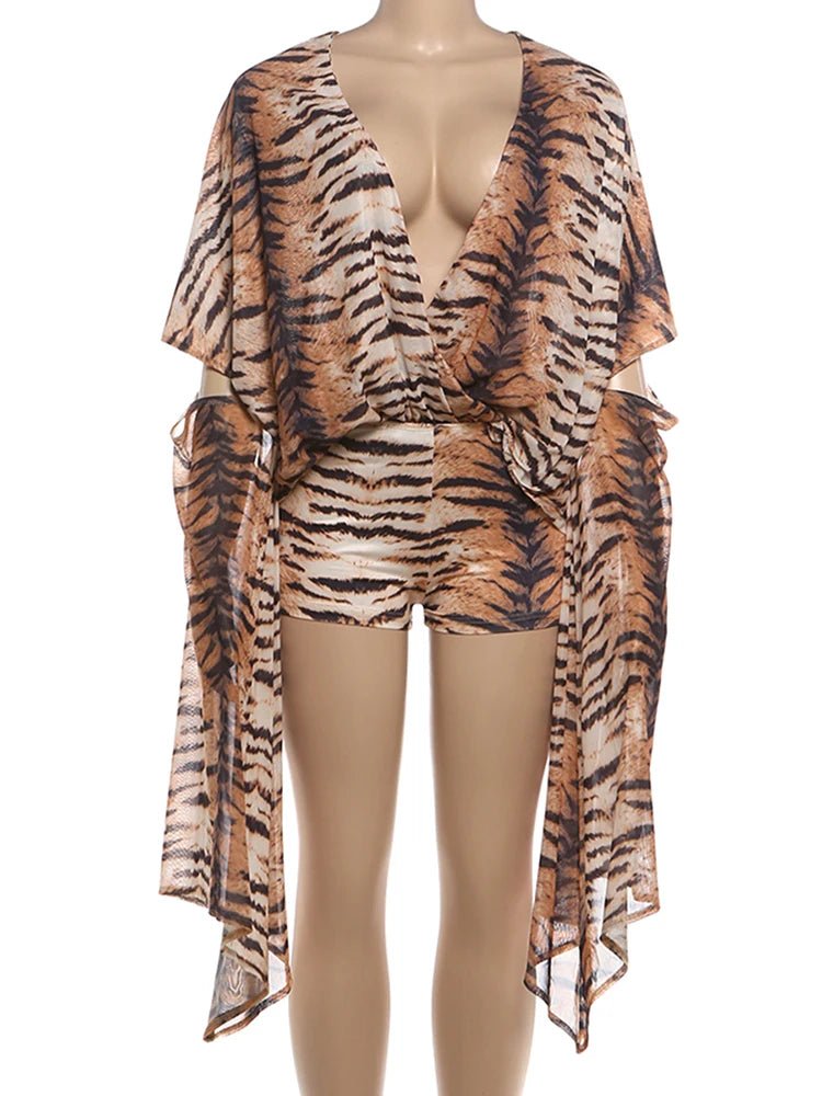 Sisterlinda Deep V-Neck 2 Piece Set Woman Tiger Stripes Mesh Batwing Sleeve Oversize Style Tops+Skinny Shorts Sexy Fashion Suits - flohmarkt-deutschland.shop