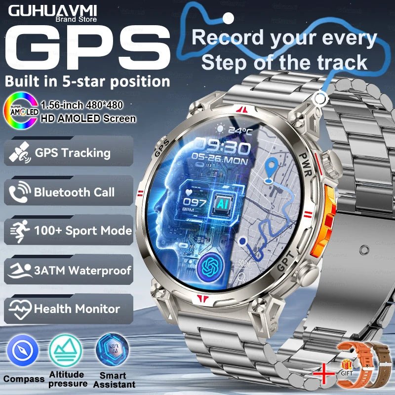 Smartwatches 1,56" AMOLED-Bildschirm GPS Fitness Tracking Kompass 3ATM 650Mah Anruf 100+ Sport Smartwatch AI GPT für Android iOS - flohmarkt-deutschland.shop