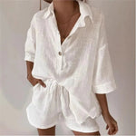 Solid Lapel Single Breasted Cardigan Top+shorts Two-piece Set Women's Summer Casual Half Sleeved Top Suit Ladies Vacation Outfit - flohmarkt-deutschland.shop
