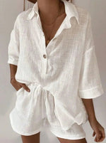 Solid Lapel Single Breasted Cardigan Top+shorts Two-piece Set Women's Summer Casual Half Sleeved Top Suit Ladies Vacation Outfit - flohmarkt-deutschland.shop