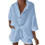 Solid Lapel Single Breasted Cardigan Top+shorts Two-piece Set Women's Summer Casual Half Sleeved Top Suit Ladies Vacation Outfit - flohmarkt-deutschland.shop