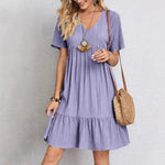Sommer Casual Frauen Elegante Kurzarm V-ausschnitt Rüschen Kleid Solide Lose Mini Kleid Chic Böhmischen Sommerkleid Strand Party Vestidos - flohmarkt-deutschland.shop