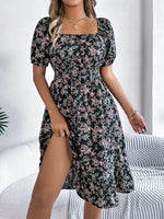 Sommer-Damen-Strandkleid mit Blumenmuster, 3D-Druck, quadratischer Ausschnitt, kurzärmelig, Damen-Taille, gerüschtes A-Linien-Kleid für Damen, Urlaubskleider - flohmarkt-deutschland.shop