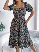 Sommer-Damen-Strandkleid mit Blumenmuster, 3D-Druck, quadratischer Ausschnitt, kurzärmelig, Damen-Taille, gerüschtes A-Linien-Kleid für Damen, Urlaubskleider - flohmarkt-deutschland.shop